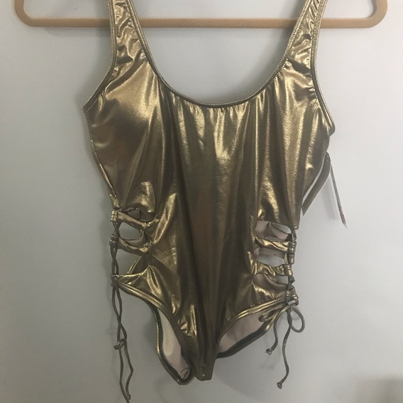 New Bikini lab bronze metallic one peice cut out size small swimsuit - Picture 3 of 8